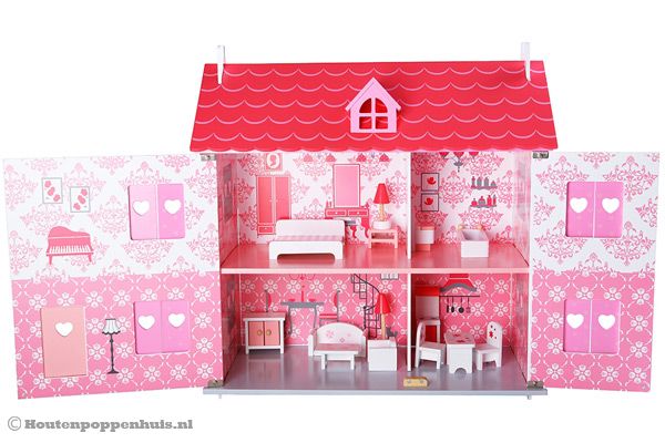 Houten poppenhuis met meubeltjes.